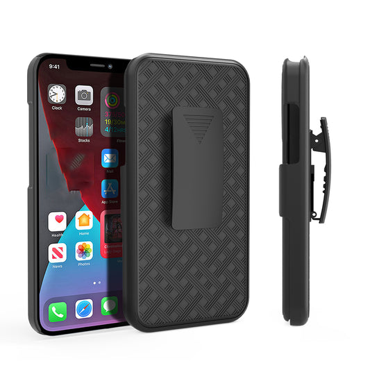 Woven Texture Swivel Belt Clip Kickstand Design Anti-Scratch Shockproof PC + TPU Hybrid Case for iPhone 13 Pro Max 6.7 inch