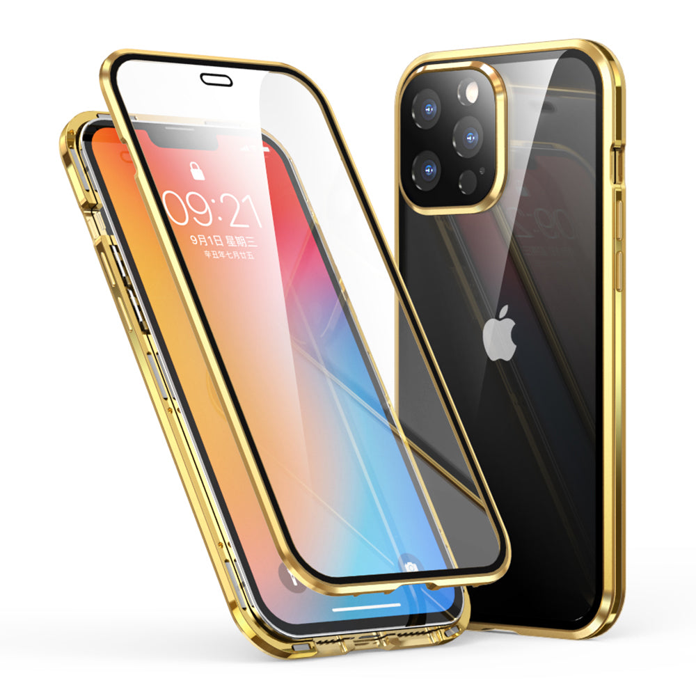 LUPHIE Electroplating Metal Frame Clear Double-Sided Tempered Glass Magnetic Case with Built-in Screen Protector for iPhone 13 Pro Max 6.7 inch