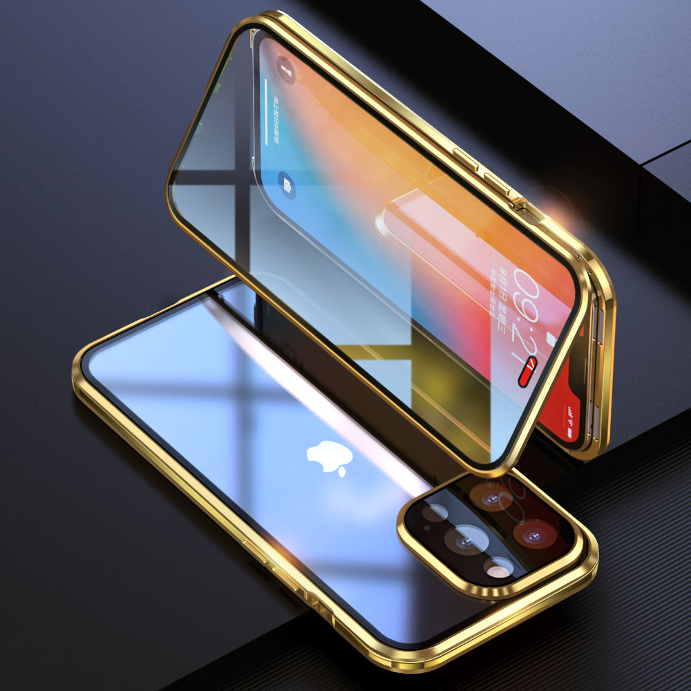 LUPHIE Electroplating Metal Frame Clear Double-Sided Tempered Glass Magnetic Case with Built-in Screen Protector for iPhone 13 Pro Max 6.7 inch