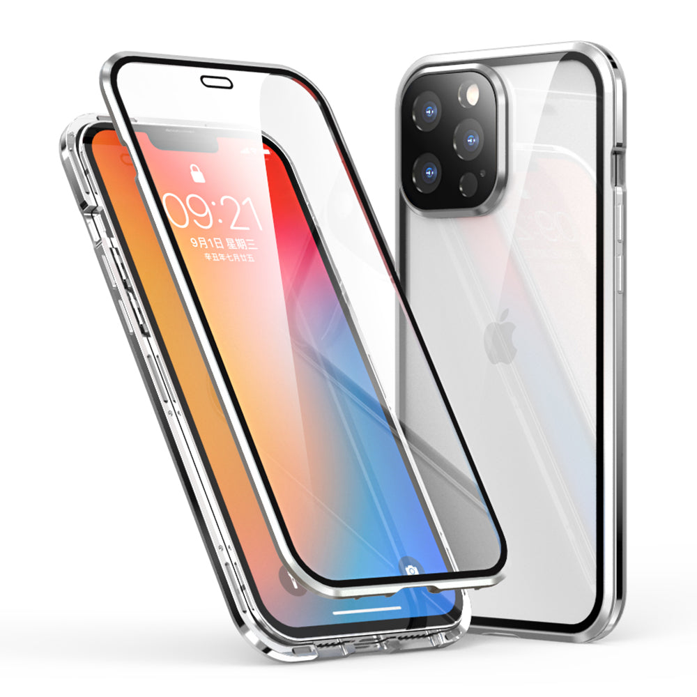 LUPHIE Electroplating Metal Frame Clear Double-Sided Tempered Glass Magnetic Case with Built-in Screen Protector for iPhone 13 Pro Max 6.7 inch