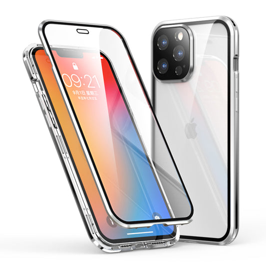 LUPHIE Electroplating Metal Frame Clear Double-Sided Tempered Glass Magnetic Case with Built-in Screen Protector for iPhone 13 Pro Max 6.7 inch