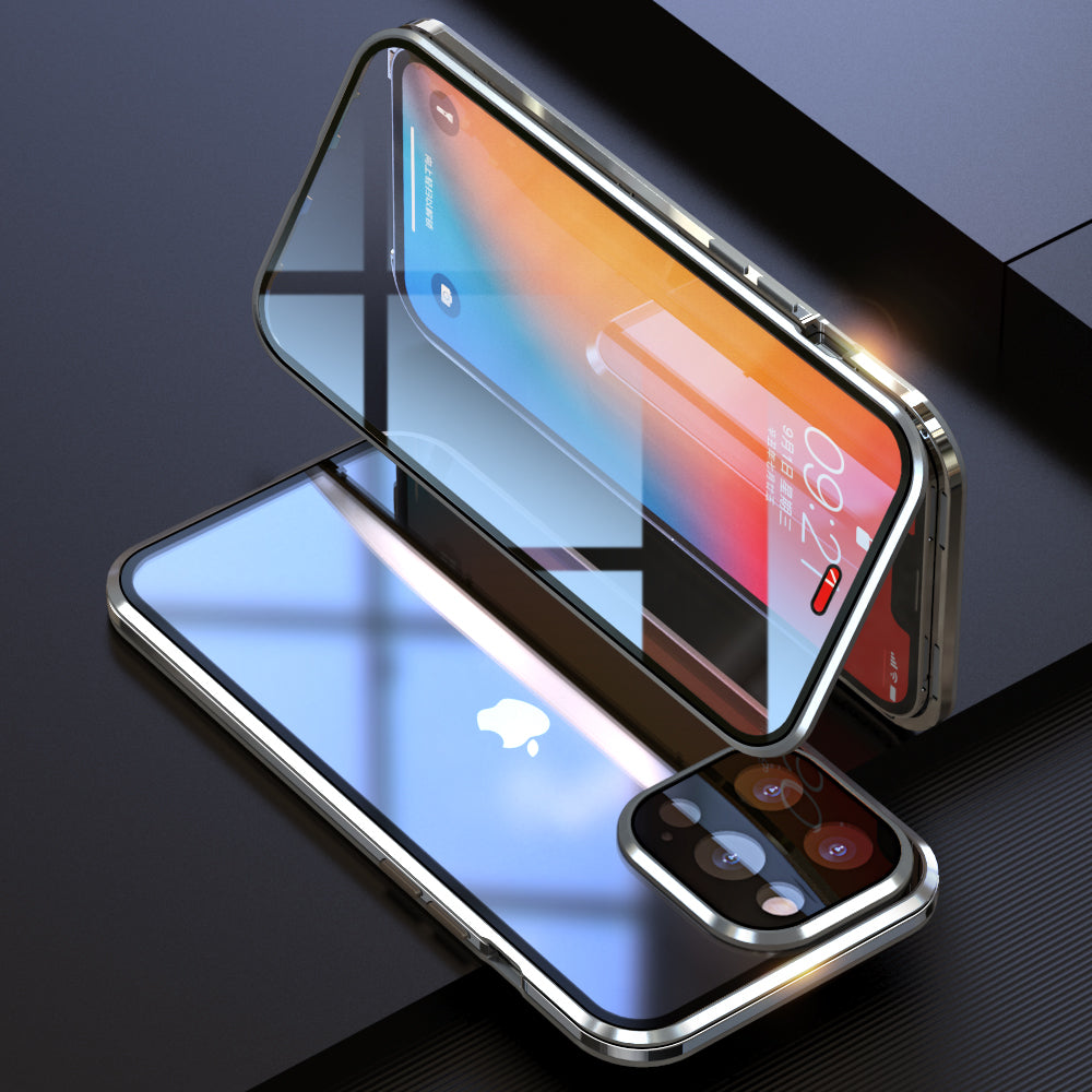 LUPHIE Electroplating Metal Frame Clear Double-Sided Tempered Glass Magnetic Case with Built-in Screen Protector for iPhone 13 Pro Max 6.7 inch