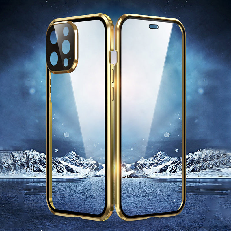 LUPHIE Electroplating Metal Frame Clear Double-Sided Tempered Glass Magnetic Case with Built-in Screen Protector for iPhone 13 Pro Max 6.7 inch
