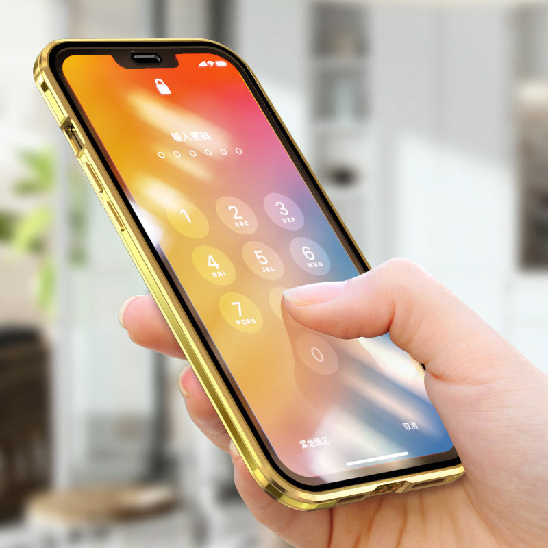 LUPHIE Electroplating Metal Frame Clear Double-Sided Tempered Glass Magnetic Case with Built-in Screen Protector for iPhone 13 Pro Max 6.7 inch