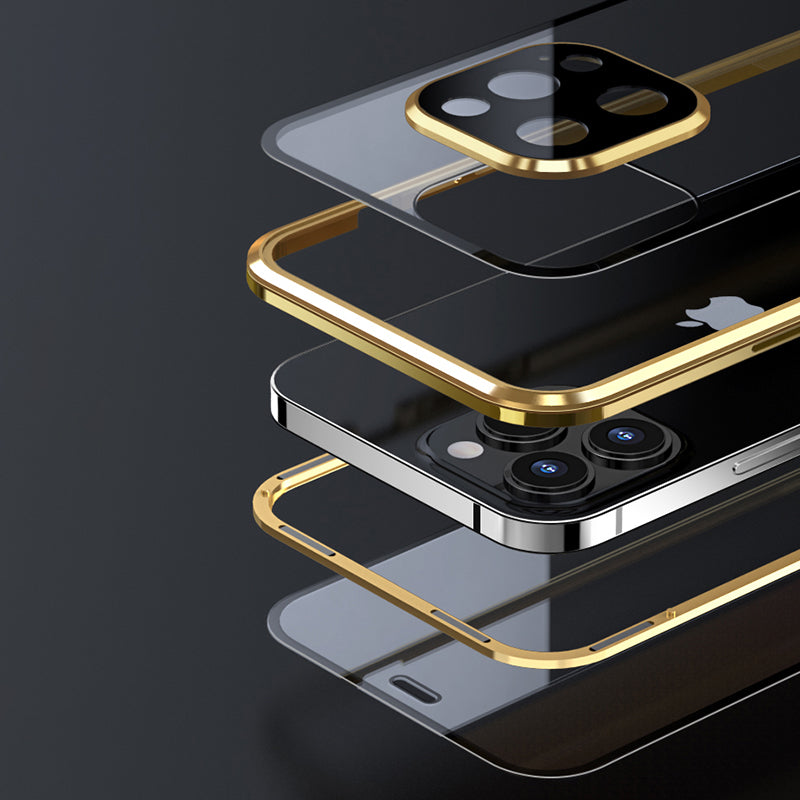 LUPHIE Electroplating Metal Frame Clear Double-Sided Tempered Glass Magnetic Case with Built-in Screen Protector for iPhone 13 Pro Max 6.7 inch
