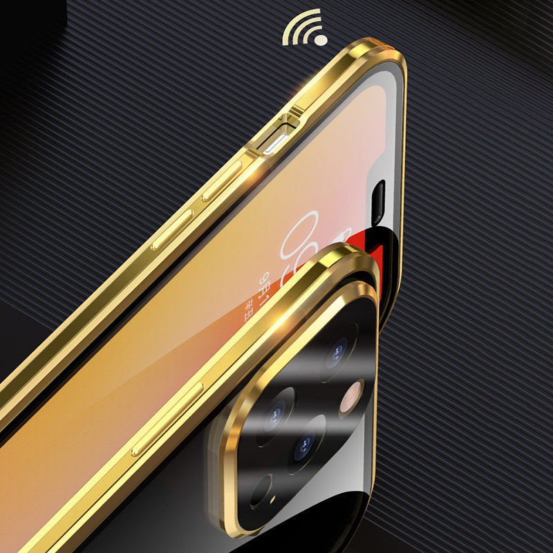 LUPHIE Electroplating Metal Frame Clear Double-Sided Tempered Glass Magnetic Case with Built-in Screen Protector for iPhone 13 Pro Max 6.7 inch