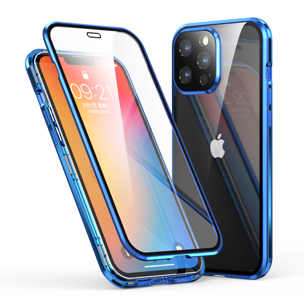 LUPHIE Electroplating Metal Frame Clear Double-Sided Tempered Glass Magnetic Case with Built-in Screen Protector for iPhone 13 Pro Max 6.7 inch