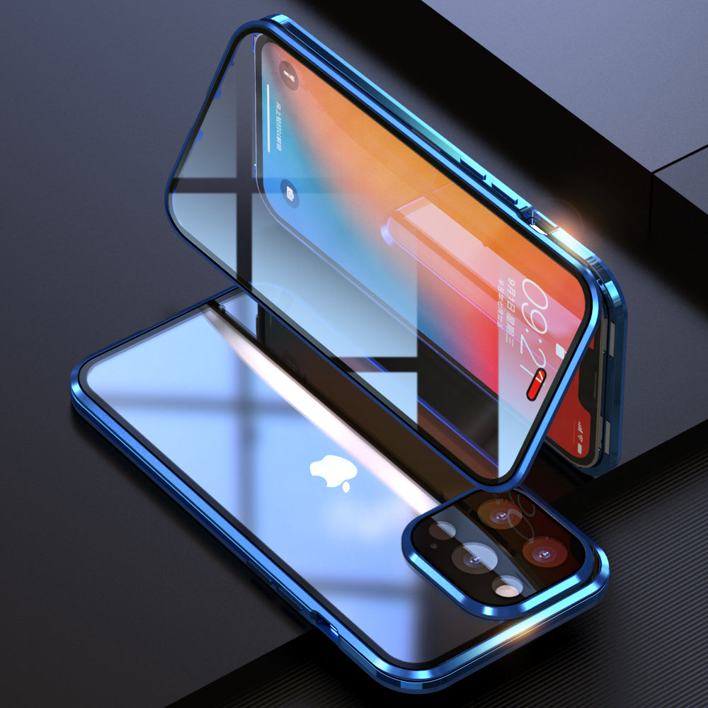 LUPHIE Electroplating Metal Frame Clear Double-Sided Tempered Glass Magnetic Case with Built-in Screen Protector for iPhone 13 Pro Max 6.7 inch