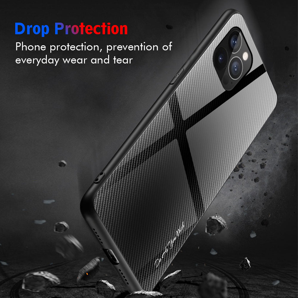 Carbon Fiber Texture Design Soft TPU Edge + Tempered Glass Back Hybrid Phone Case Cover for iPhone 13 Pro Max 6.7 inch