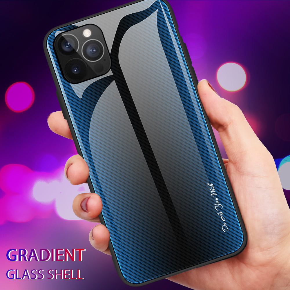 Carbon Fiber Texture Design Soft TPU Edge + Tempered Glass Back Hybrid Phone Case Cover for iPhone 13 Pro Max 6.7 inch
