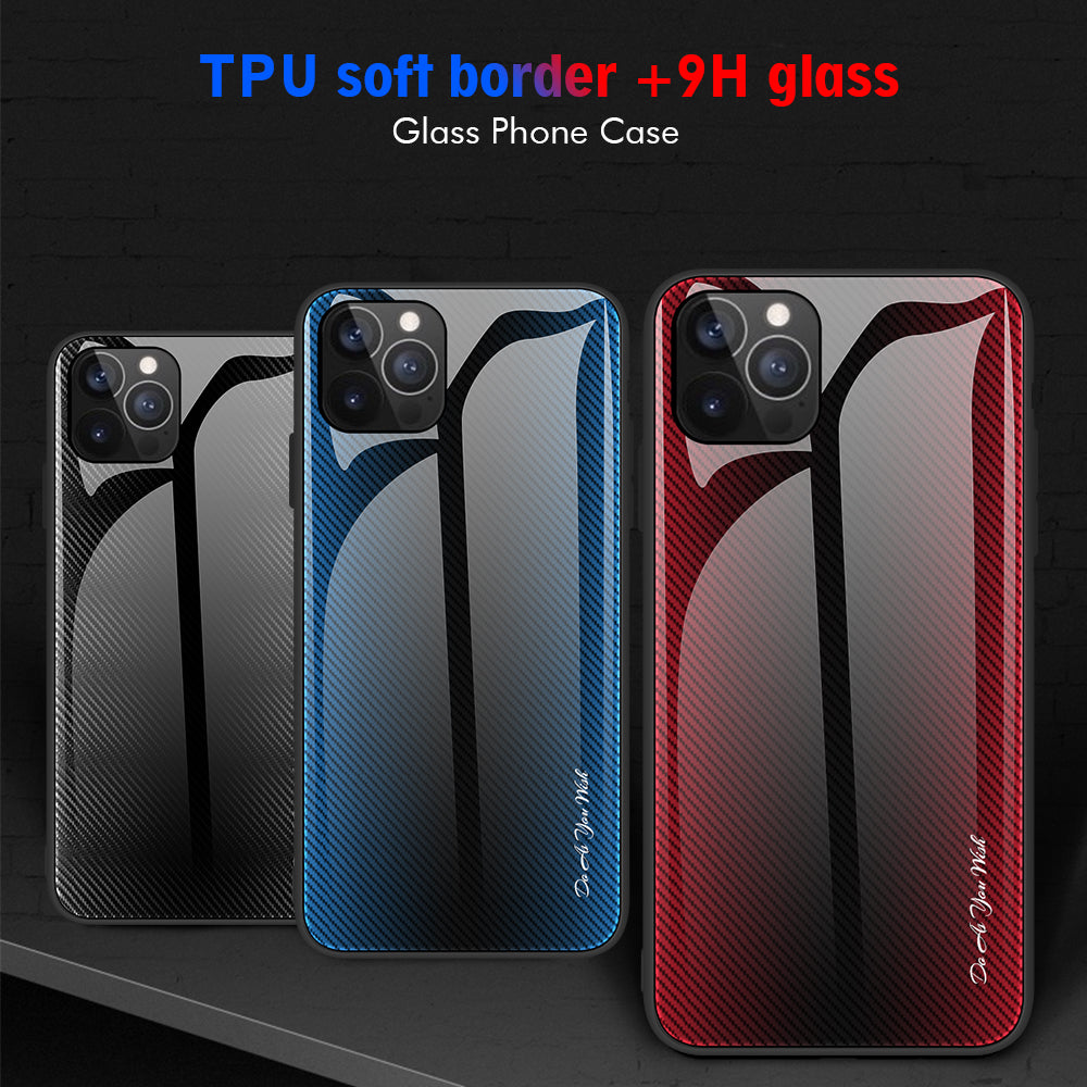 Carbon Fiber Texture Design Soft TPU Edge + Tempered Glass Back Hybrid Phone Case Cover for iPhone 13 Pro Max 6.7 inch