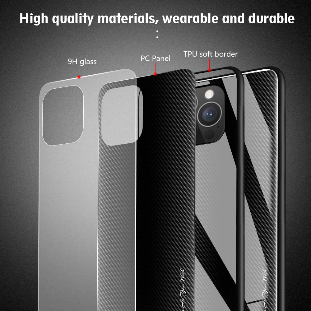 Carbon Fiber Texture Design Soft TPU Edge + Tempered Glass Back Hybrid Phone Case Cover for iPhone 13 Pro Max 6.7 inch