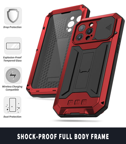 R-JUST Phone Protector Cover Kickstand Shell with Tempered Glass Screen Protector and Camera Slider for iPhone 13 Pro 6.1 inch