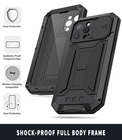 R-JUST Phone Protector Cover Kickstand Shell with Tempered Glass Screen Protector and Camera Slider for iPhone 13 Pro 6.1 inch