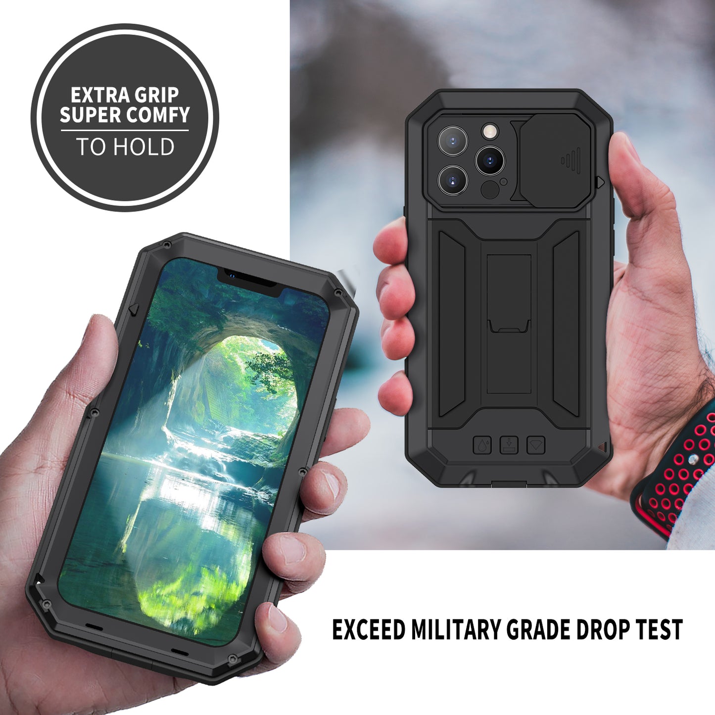 R-JUST Phone Protector Cover Kickstand Shell with Tempered Glass Screen Protector and Camera Slider for iPhone 13 Pro 6.1 inch
