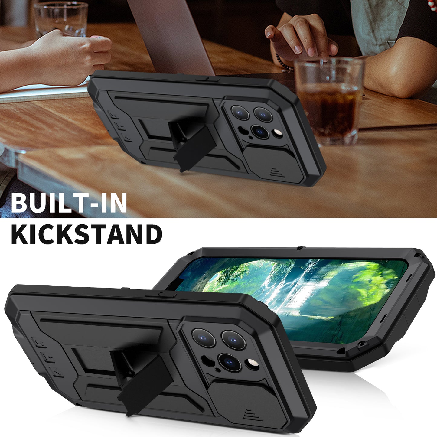 R-JUST Phone Protector Cover Kickstand Shell with Tempered Glass Screen Protector and Camera Slider for iPhone 13 Pro 6.1 inch