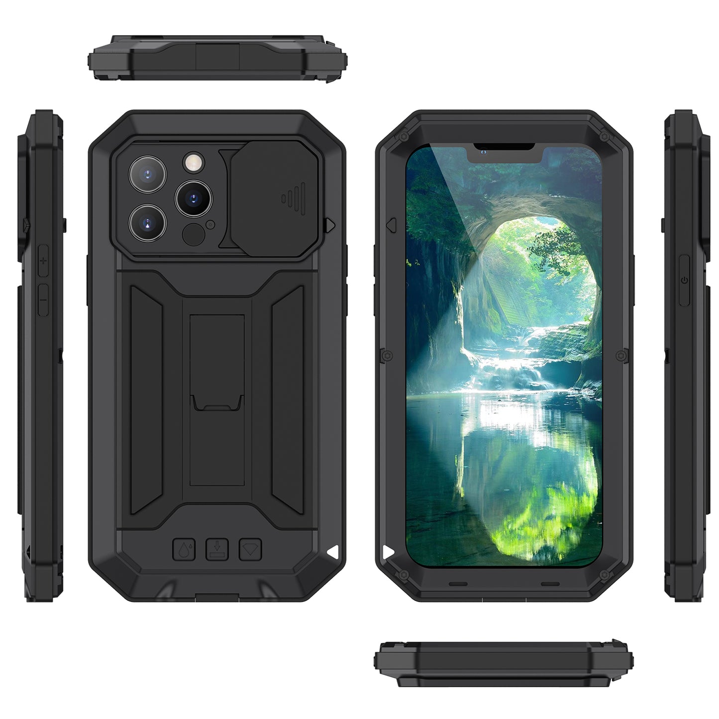 R-JUST Phone Protector Cover Kickstand Shell with Tempered Glass Screen Protector and Camera Slider for iPhone 13 Pro 6.1 inch