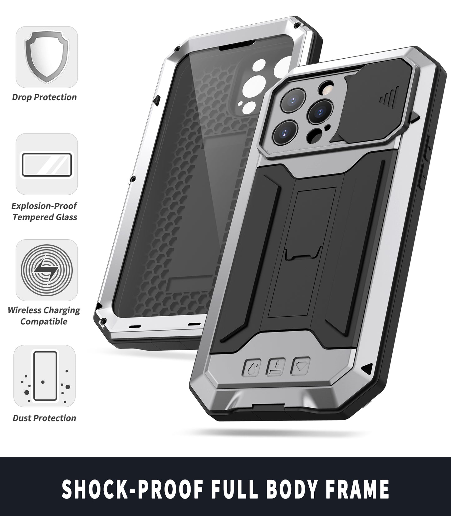 R-JUST Phone Protector Cover Kickstand Shell with Tempered Glass Screen Protector and Camera Slider for iPhone 13 Pro 6.1 inch