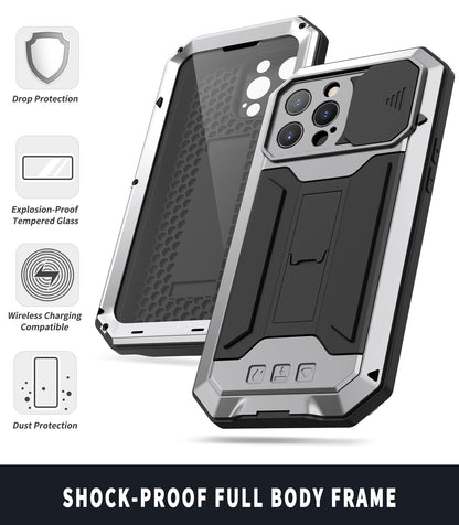 R-JUST Phone Protector Cover Kickstand Shell with Tempered Glass Screen Protector and Camera Slider for iPhone 13 Pro 6.1 inch