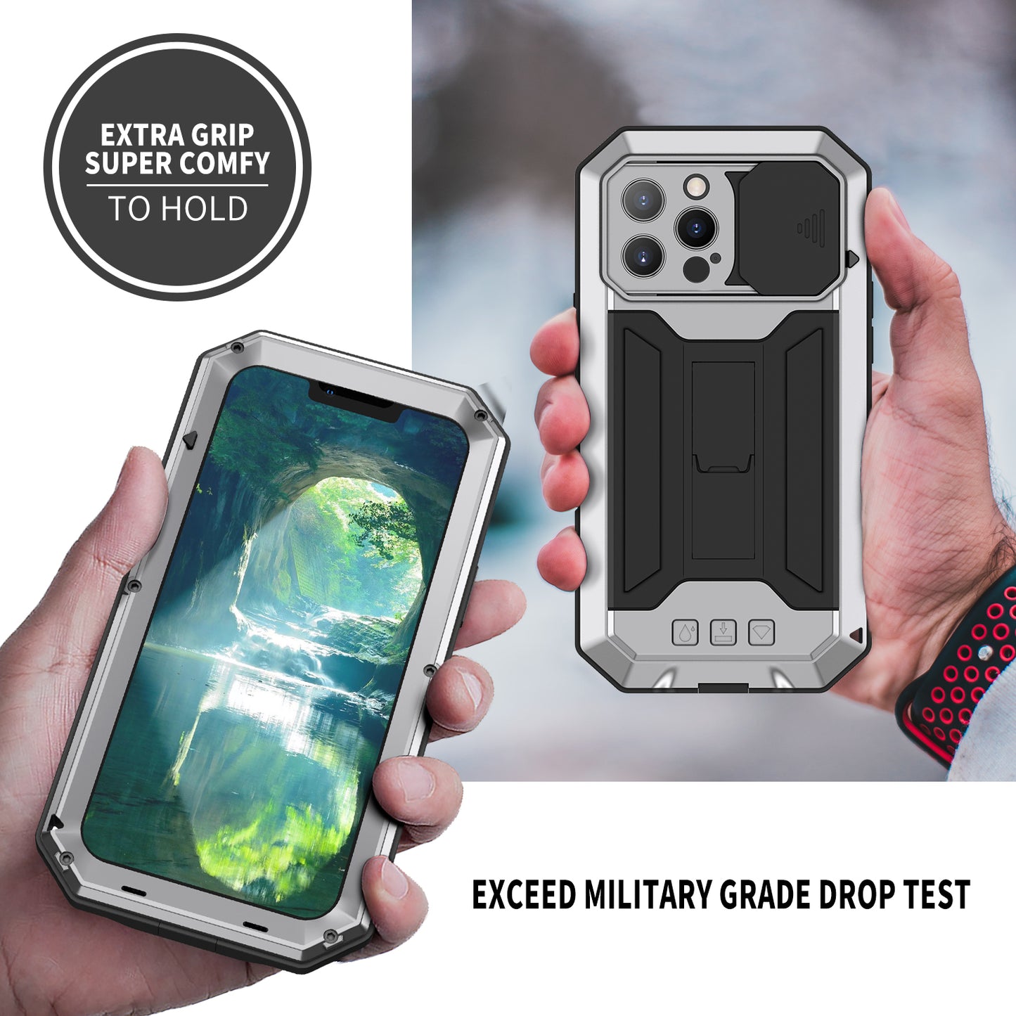 R-JUST Phone Protector Cover Kickstand Shell with Tempered Glass Screen Protector and Camera Slider for iPhone 13 Pro 6.1 inch