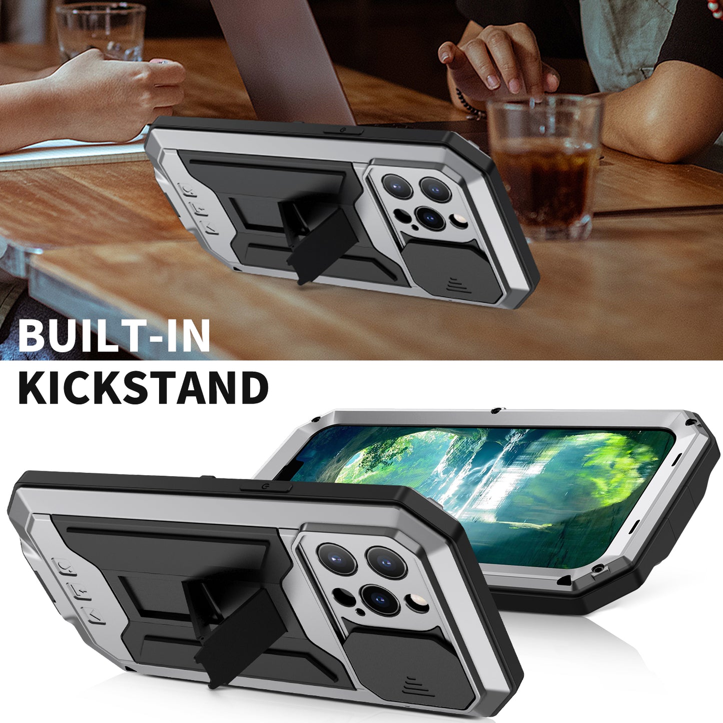 R-JUST Phone Protector Cover Kickstand Shell with Tempered Glass Screen Protector and Camera Slider for iPhone 13 Pro 6.1 inch