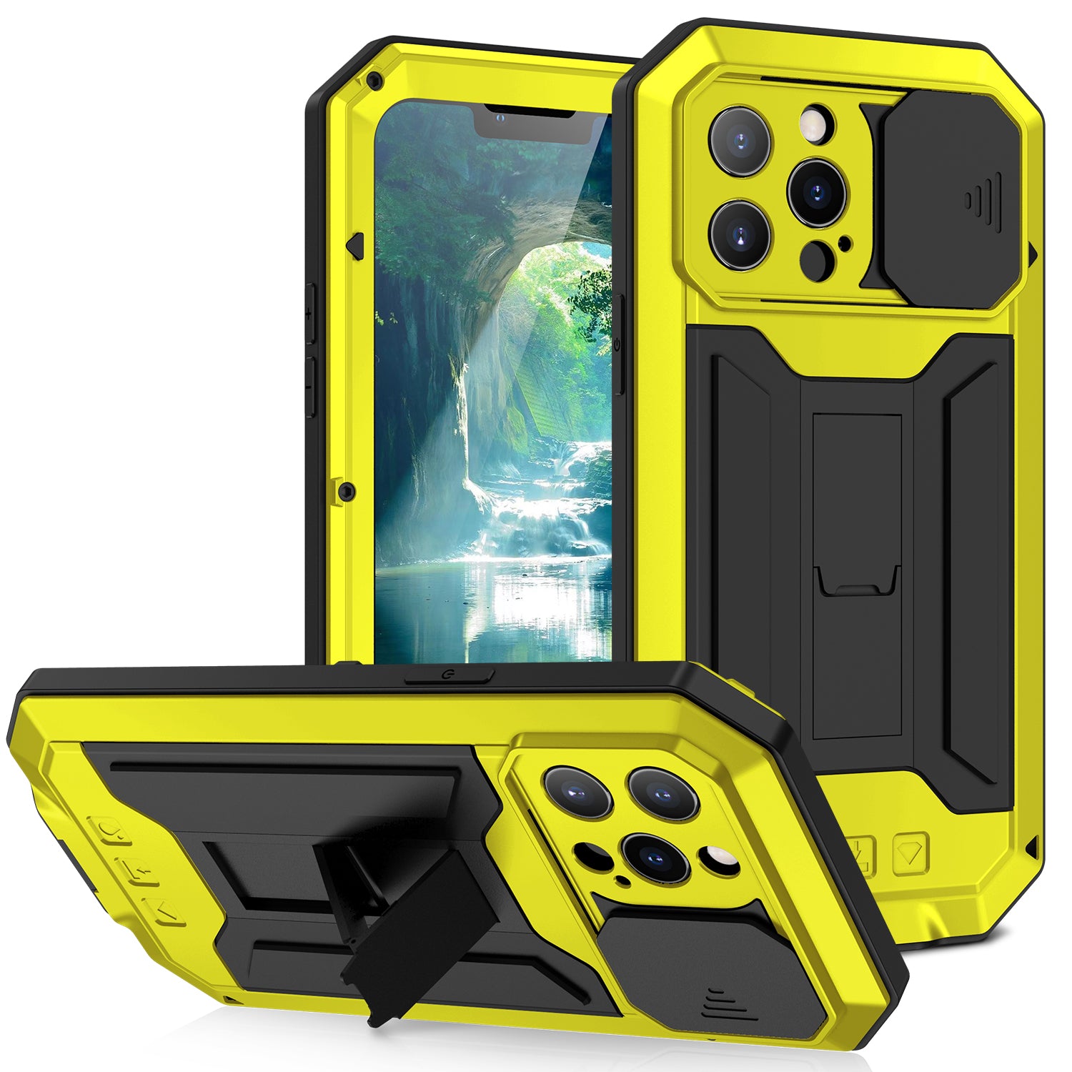 R-JUST Phone Protector Cover Kickstand Shell with Tempered Glass Screen Protector and Camera Slider for iPhone 13 Pro 6.1 inch
