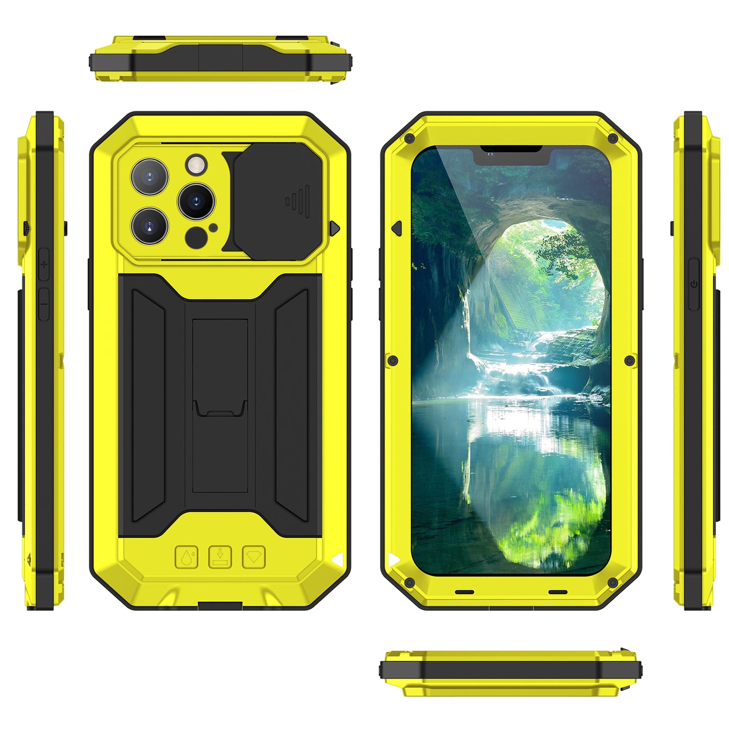 R-JUST Phone Protector Cover Kickstand Shell with Tempered Glass Screen Protector and Camera Slider for iPhone 13 Pro 6.1 inch