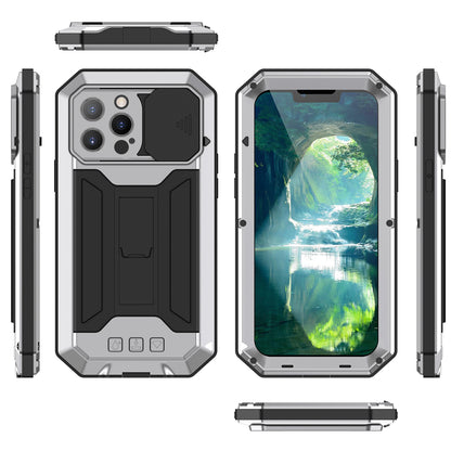 R-JUST Dustproof Dropproof Daily Waterproof Metal Frame Phone Protector Cover Kickstand Shell with Tempered Glass Screen Protector for iPhone 13 Pro Max 6.7 inch