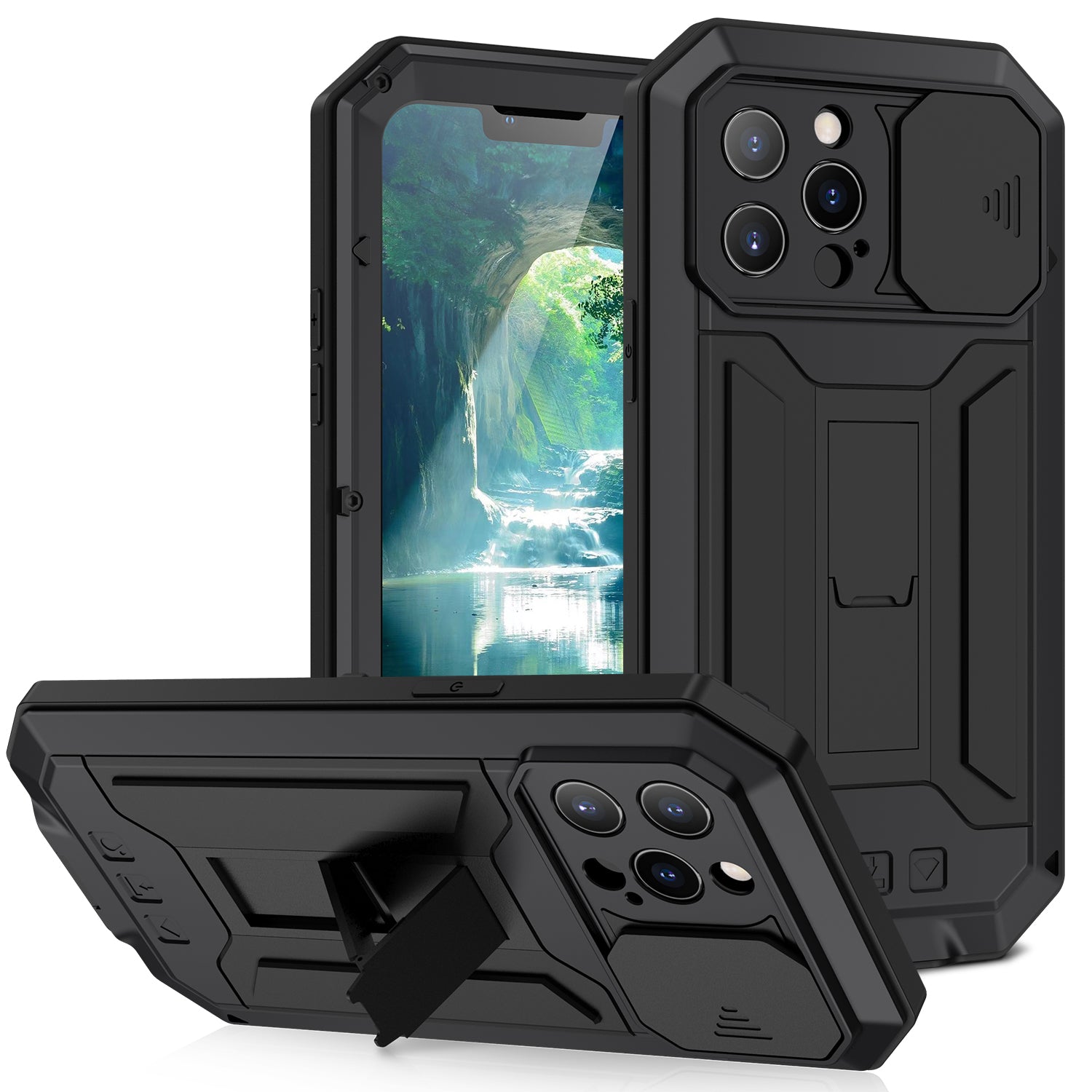R-JUST Dustproof Dropproof Daily Waterproof Metal Frame Phone Protector Cover Kickstand Shell with Tempered Glass Screen Protector for iPhone 13 Pro Max 6.7 inch