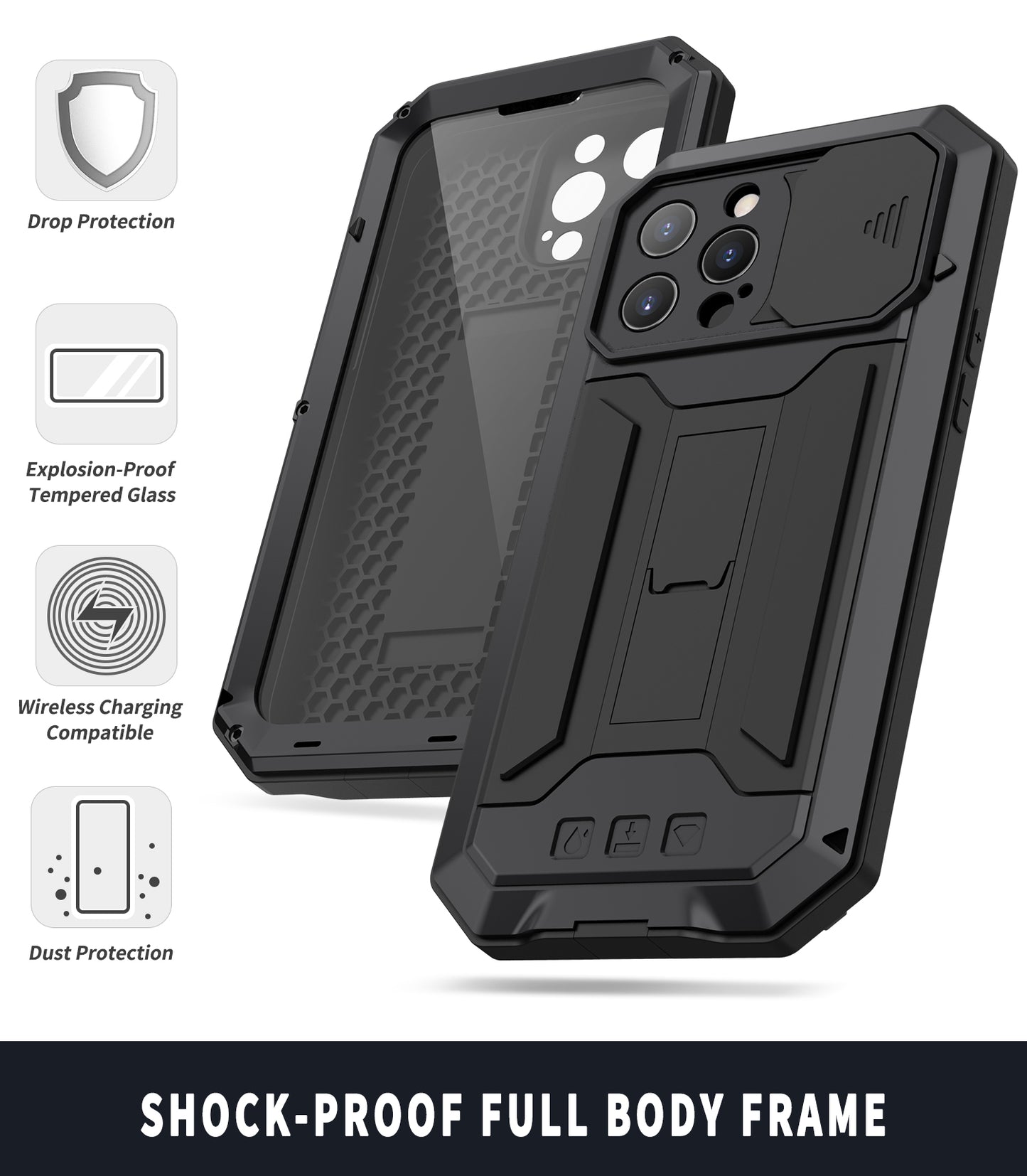 R-JUST Dustproof Dropproof Daily Waterproof Metal Frame Phone Protector Cover Kickstand Shell with Tempered Glass Screen Protector for iPhone 13 Pro Max 6.7 inch