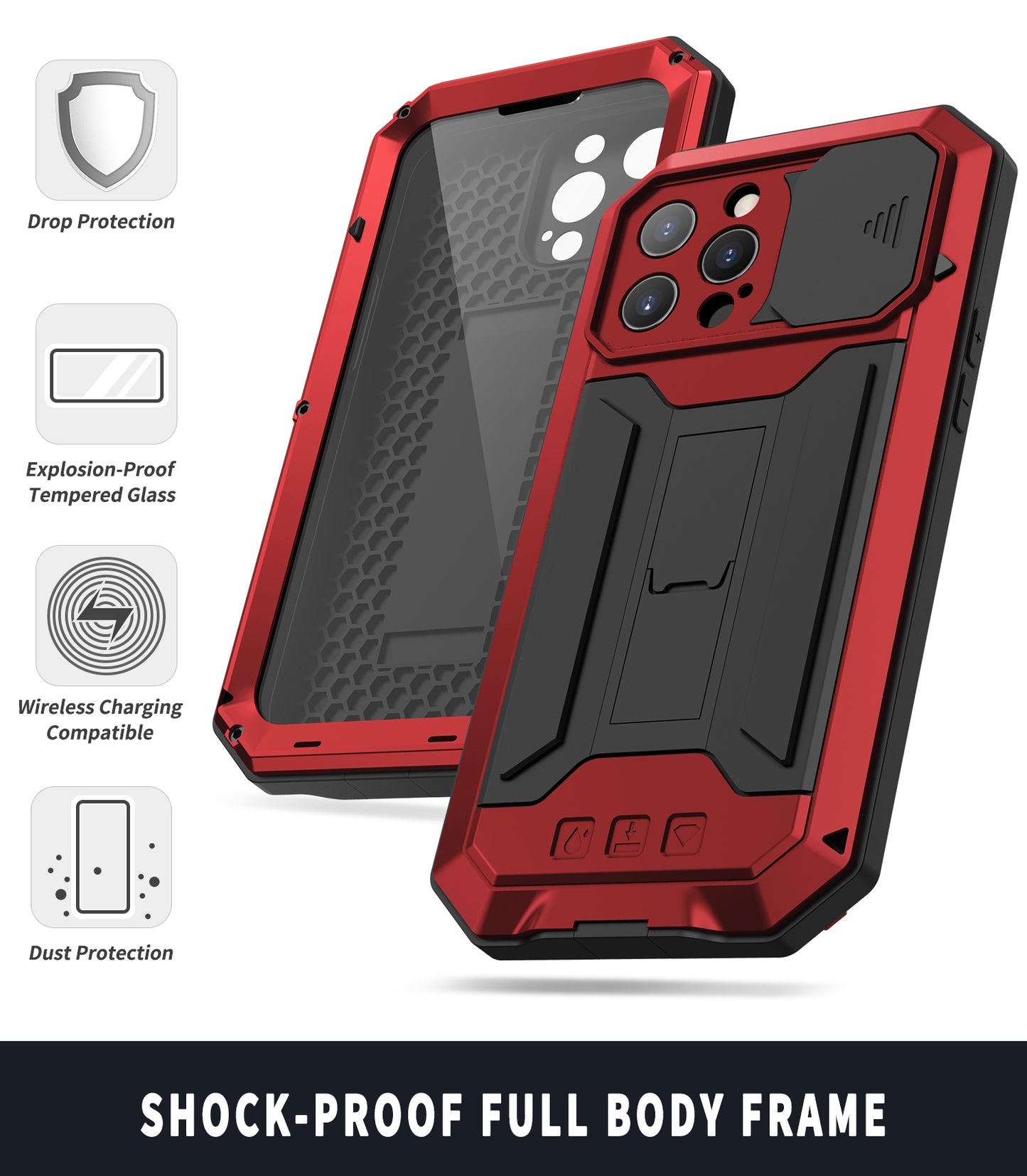 R-JUST Dustproof Dropproof Daily Waterproof Metal Frame Phone Protector Cover Kickstand Shell with Tempered Glass Screen Protector for iPhone 13 Pro Max 6.7 inch
