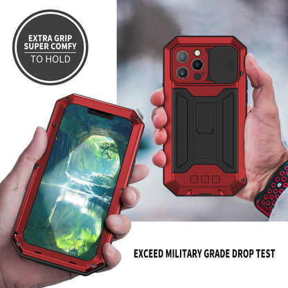 R-JUST Dustproof Dropproof Daily Waterproof Metal Frame Phone Protector Cover Kickstand Shell with Tempered Glass Screen Protector for iPhone 13 Pro Max 6.7 inch
