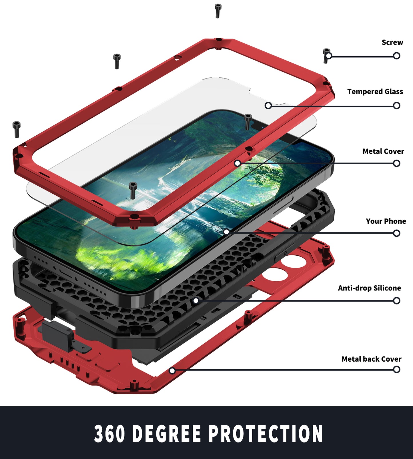 R-JUST Dustproof Dropproof Daily Waterproof Metal Frame Phone Protector Cover Kickstand Shell with Tempered Glass Screen Protector for iPhone 13 Pro Max 6.7 inch