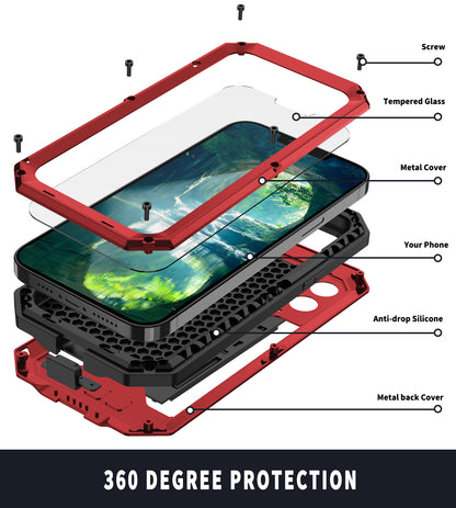 R-JUST Dustproof Dropproof Daily Waterproof Metal Frame Phone Protector Cover Kickstand Shell with Tempered Glass Screen Protector for iPhone 13 Pro Max 6.7 inch