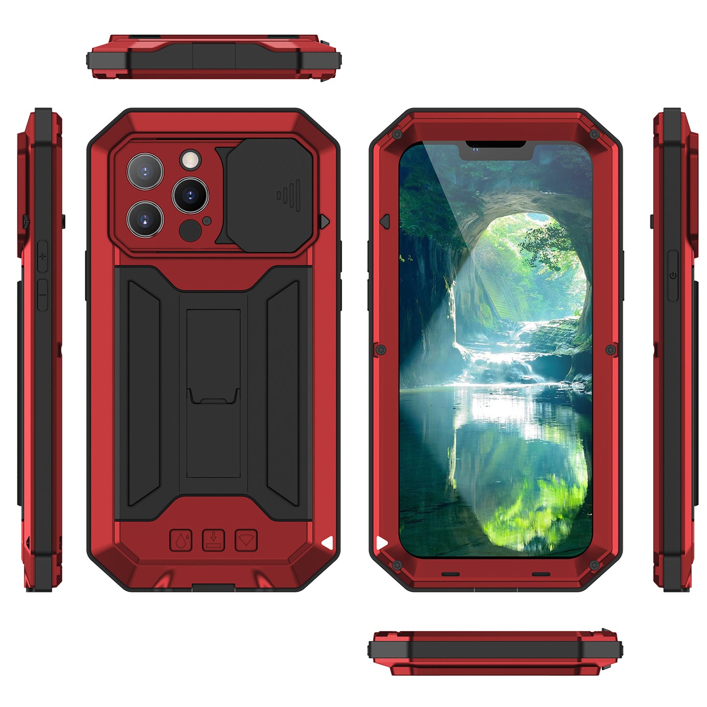 R-JUST Dustproof Dropproof Daily Waterproof Metal Frame Phone Protector Cover Kickstand Shell with Tempered Glass Screen Protector for iPhone 13 Pro Max 6.7 inch