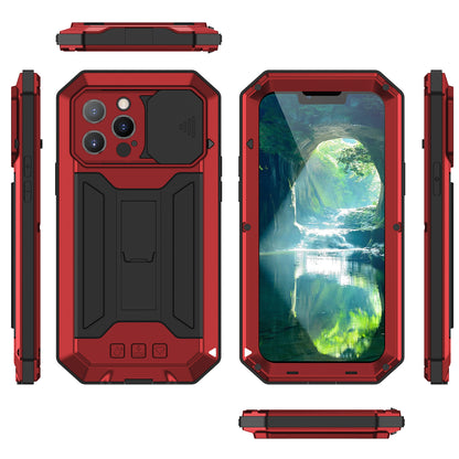 R-JUST Dustproof Dropproof Daily Waterproof Metal Frame Phone Protector Cover Kickstand Shell with Tempered Glass Screen Protector for iPhone 13 Pro Max 6.7 inch