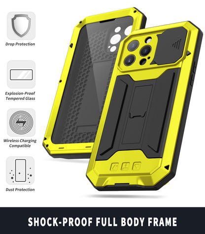 R-JUST Dustproof Dropproof Daily Waterproof Metal Frame Phone Protector Cover Kickstand Shell with Tempered Glass Screen Protector for iPhone 13 Pro Max 6.7 inch