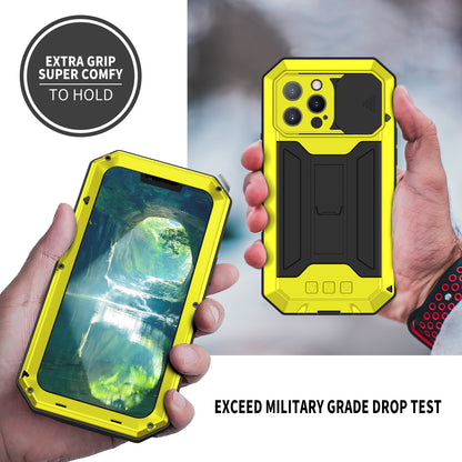 R-JUST Dustproof Dropproof Daily Waterproof Metal Frame Phone Protector Cover Kickstand Shell with Tempered Glass Screen Protector for iPhone 13 Pro Max 6.7 inch