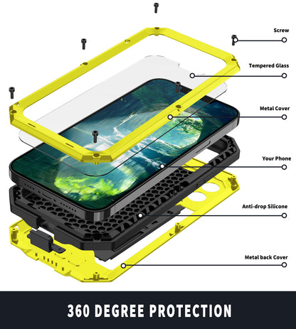 R-JUST Dustproof Dropproof Daily Waterproof Metal Frame Phone Protector Cover Kickstand Shell with Tempered Glass Screen Protector for iPhone 13 Pro Max 6.7 inch
