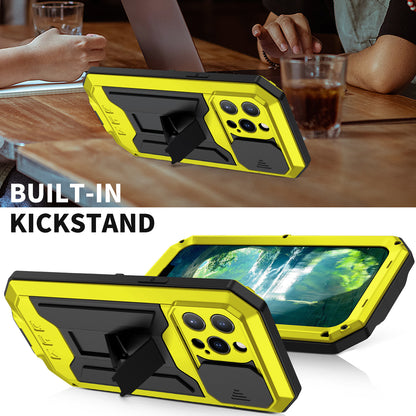 R-JUST Dustproof Dropproof Daily Waterproof Metal Frame Phone Protector Cover Kickstand Shell with Tempered Glass Screen Protector for iPhone 13 Pro Max 6.7 inch
