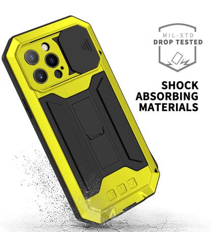 R-JUST Dustproof Dropproof Daily Waterproof Metal Frame Phone Protector Cover Kickstand Shell with Tempered Glass Screen Protector for iPhone 13 Pro Max 6.7 inch