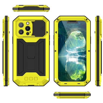 R-JUST Dustproof Dropproof Daily Waterproof Metal Frame Phone Protector Cover Kickstand Shell with Tempered Glass Screen Protector for iPhone 13 Pro Max 6.7 inch