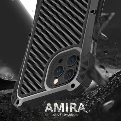 R-JUST AMIRA Carbon Fiber Texture Aluminium Alloy + Silicone + Tempered Glass Anti-fall Hybrid Case Phone Shell for iPhone 13 Pro 6.1 inch