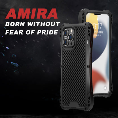 R-JUST AMIRA Carbon Fiber Texture Aluminium Alloy + Silicone + Tempered Glass Anti-fall Hybrid Case Phone Shell for iPhone 13 Pro 6.1 inch