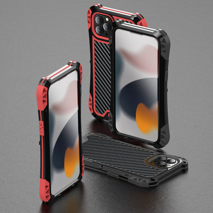 R-JUST AMIRA Carbon Fiber Texture Aluminium Alloy + Silicone + Tempered Glass Anti-fall Hybrid Case Phone Shell for iPhone 13 Pro 6.1 inch