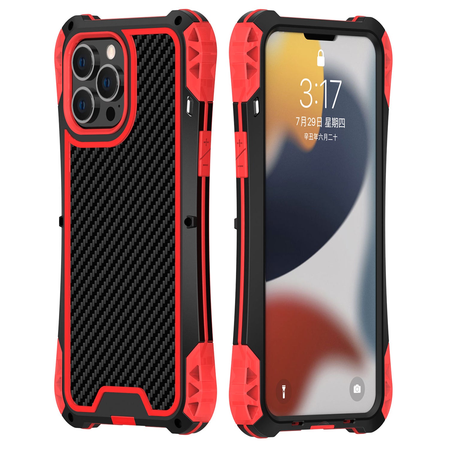 R-JUST AMIRA Carbon Fiber Texture Aluminium Alloy + Silicone + Tempered Glass Anti-fall Hybrid Case Phone Shell for iPhone 13 Pro 6.1 inch
