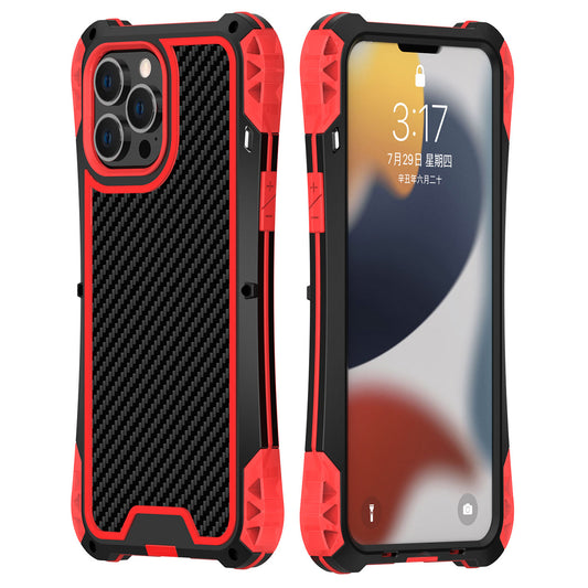 R-JUST AMIRA Carbon Fiber Texture Aluminium Alloy + Silicone + Tempered Glass Anti-fall Hybrid Case Phone Shell for iPhone 13 Pro 6.1 inch