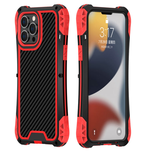 R-JUST AMIRA Aluminium Alloy + Silicone + Tempered Glass Four Corner Airbag Protective Phone Hybrid Case Cover for iPhone 13 Pro Max 6.7 inch