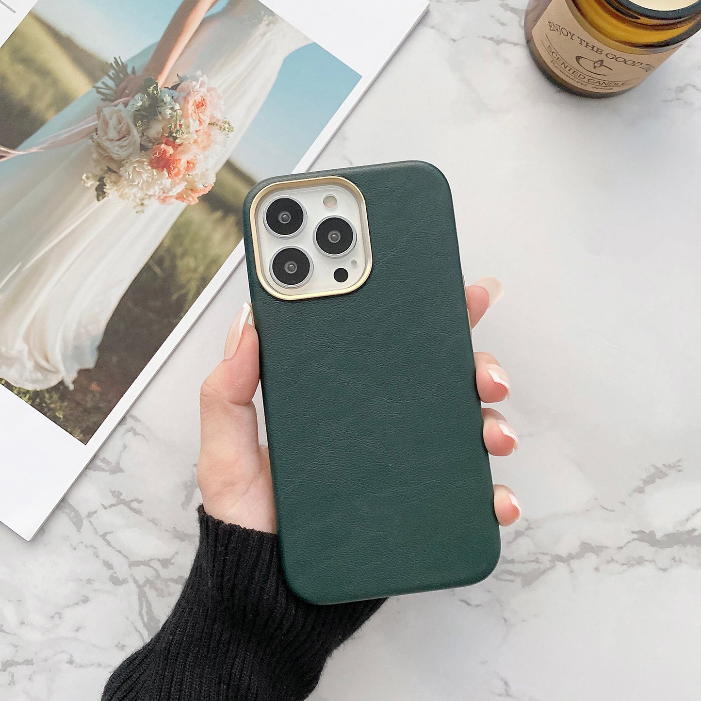 PU Leather Coated PC Case Phone Back Cover Protector for iPhone 13 Pro 6.1 inch