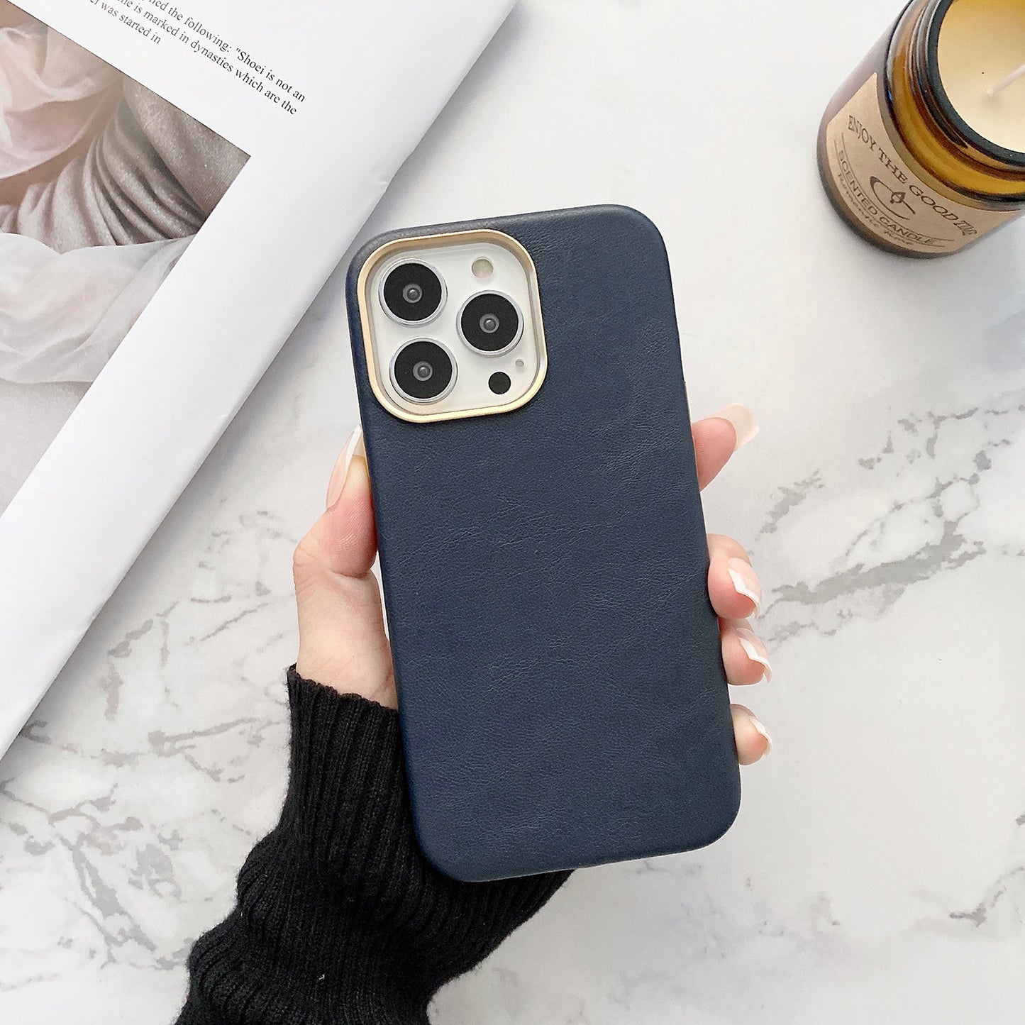 PU Leather Coated PC Case Phone Back Cover Protector for iPhone 13 Pro 6.1 inch